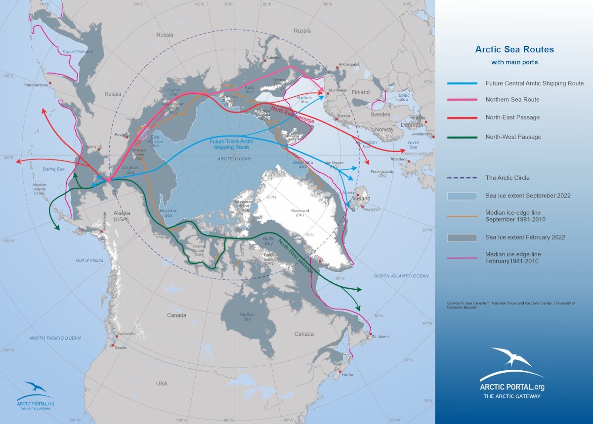 Map: Arctic Sea Routes with main ports and sea ice extent 2022 - Northpolar Canada projection