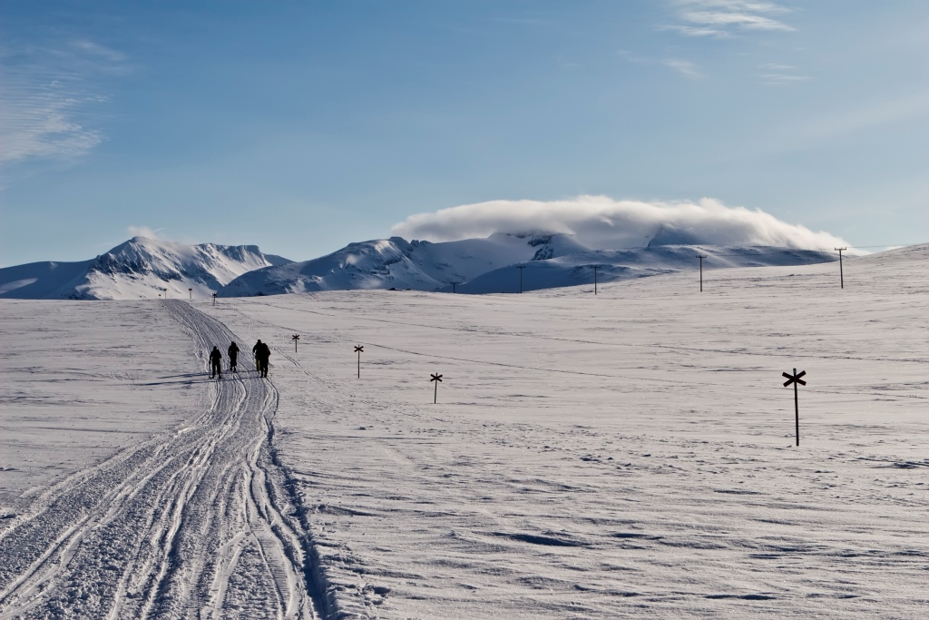 Snowy skiing trail in the mountains