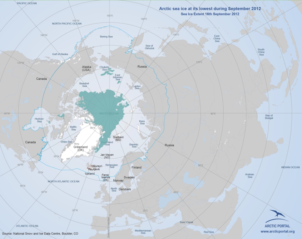 Arctic sea ice at its lowest during September 2012