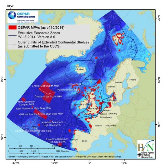 Map on MPAa, EEZa, Outer limits of continental shelves in the Northeast Atlantic