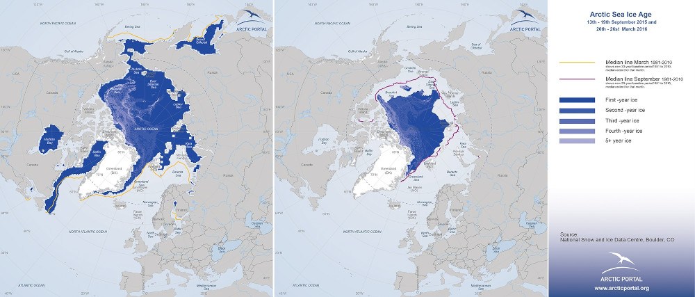 Arctic Portal Map - Arctic Sea Ice Age September 2015, March 2016