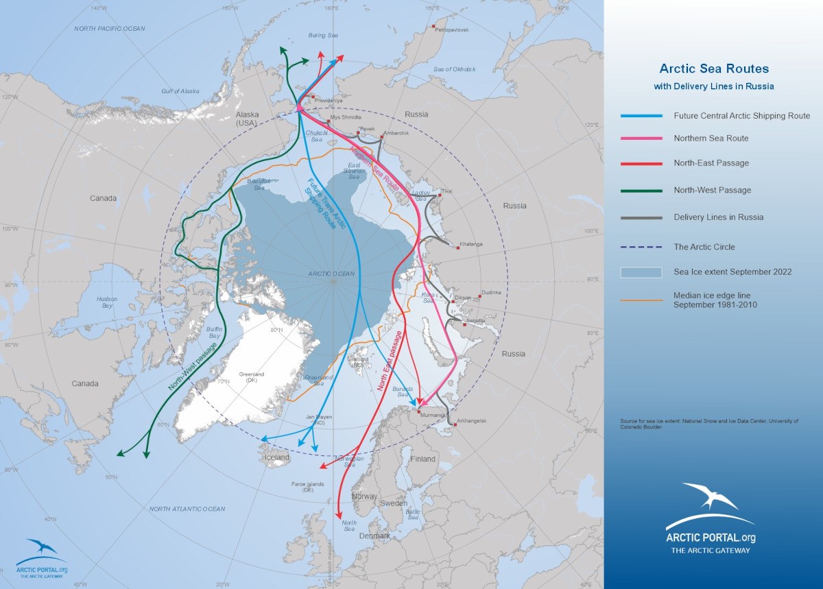 Arctic Portal Map - Arctic Sea Routes with Delivery Lines in Russia with sea ice extent September 2022
