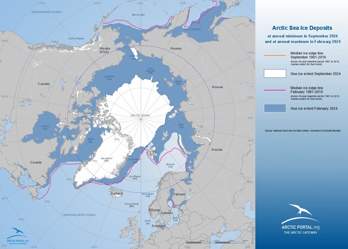 Arctic Portal Map - Arctic Sea Ice Deposits at Annual minimum September 2024 and annual maximum February 2024