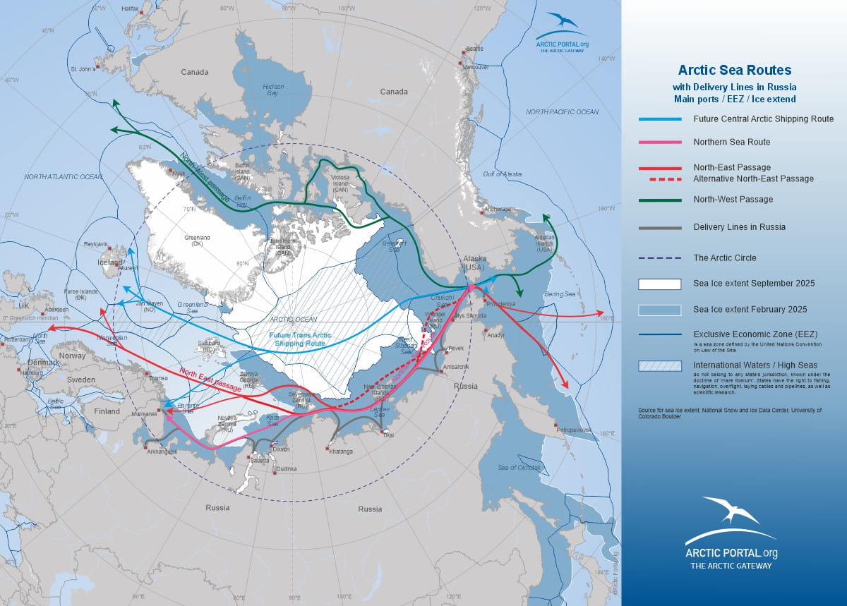 Arctic Portal Map - Arctic Sea Routes with main ports and sea ice extent September 2025