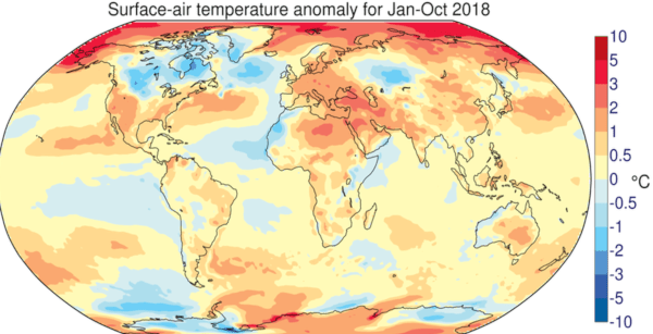 Surface air temperature anomaly for Jan Oct 2018