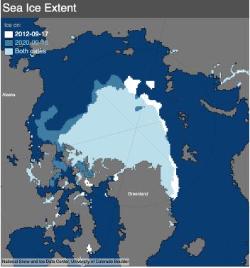 Sea Ice Extent compares the 2012 with 2020