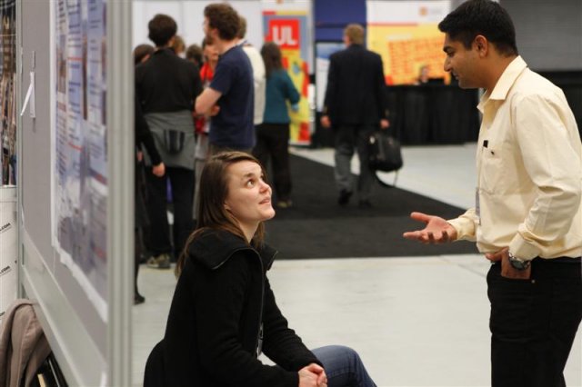 Leena and Akshaya Verma discuss Himalayan geology during the poster session.