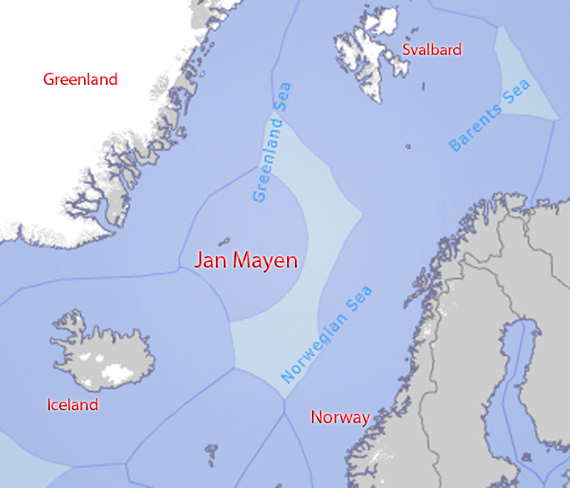 Map of Jan Mayen and the Exclusive Economic Zones around the island and the EEZ´s of the neighbouring countries.