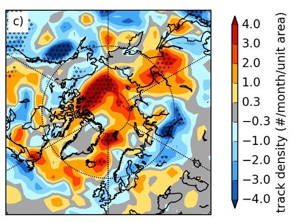 Difference in mean cyclone track density