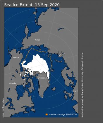 Sea Ice Extent 15 September 2020 / The orange line shows the 1981 to 2010 average extent for that day.