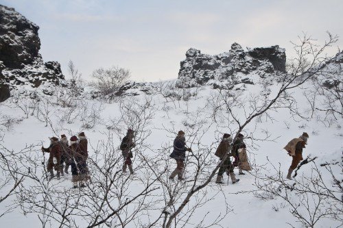 Yule Lads walking at Dimmuborgir, Mývatn