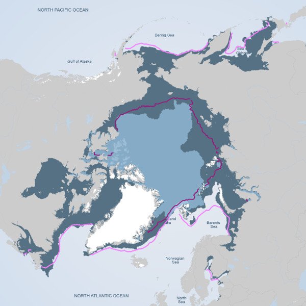 Winter 2014 and Summer 2015 Sea Ice compared against median-lines 1979-2010