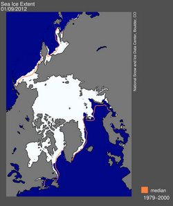 The satellite image shows the difference from the median ice edge and the ice today